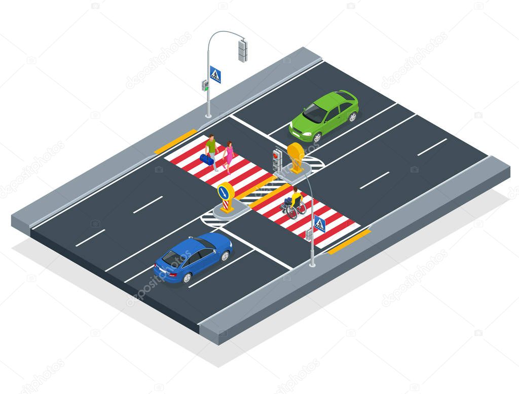 Isometric people cross the road at a pedestrian crossing. A disabled man in a wheelchair crosses the street.