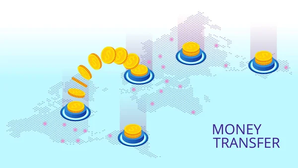 Isometrisk teknik online banköverföring, e-handel koncept. Mobila betalningar, mobila banktjänster. — Stock vektor