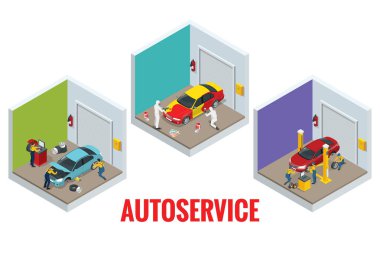 İzometrik araba bakım onarım merkezi garajı ve araba servisi konsepti. Teknisyenler araç parçalarını, tekerlekleri değiştiriyor.
