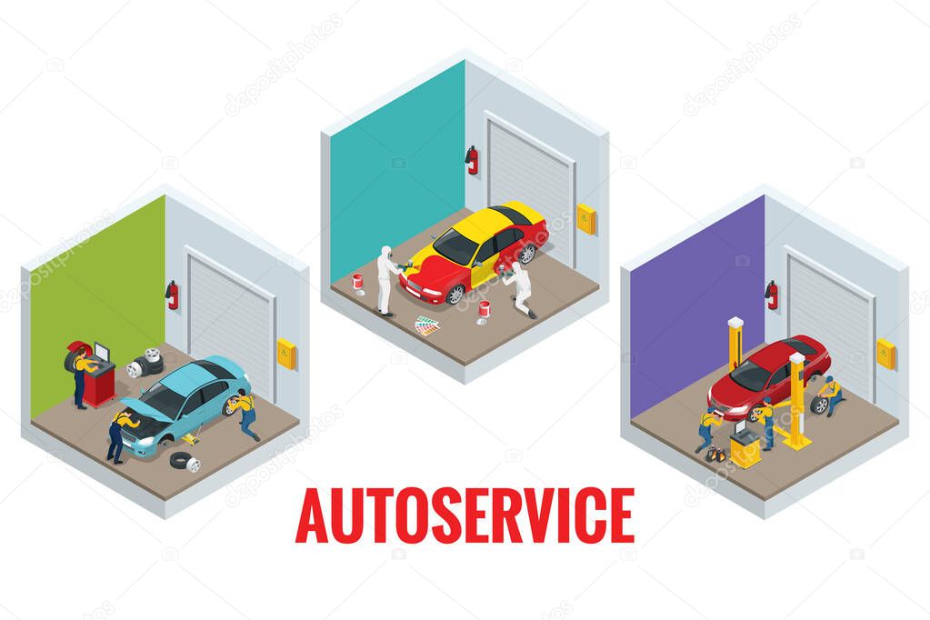 Isometric car repair maintenance autoservice center garage and car service concept. Technicians replace vehicle part, wheels.