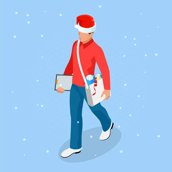 Isometric achats de Noël en ligne. Livraison homme en chapeau de Père Noël avec cadeau de Noël. Livreur avec boîtes. Expédition de Noël express . — Image vectorielle