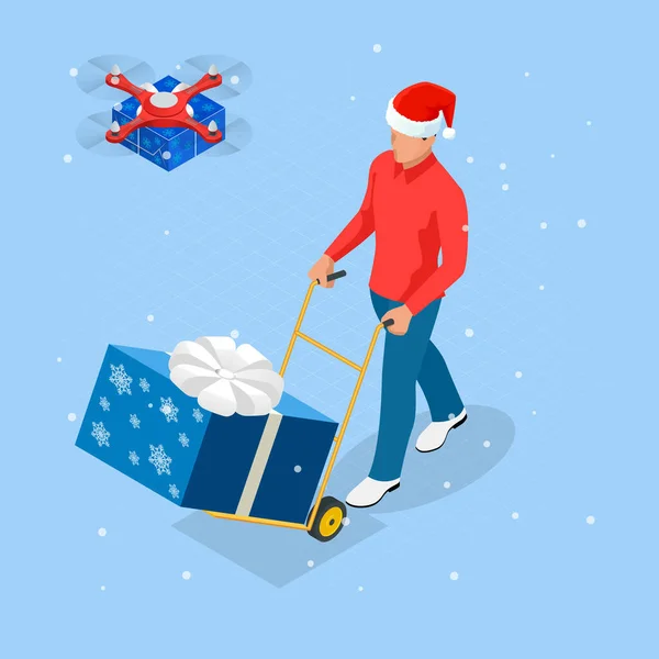 Isometrisk julhandel på nätet. Leverans man i jultomten hatt med julklapp. Leverantör med lådor. Express jul sjöfart. — Stock vektor