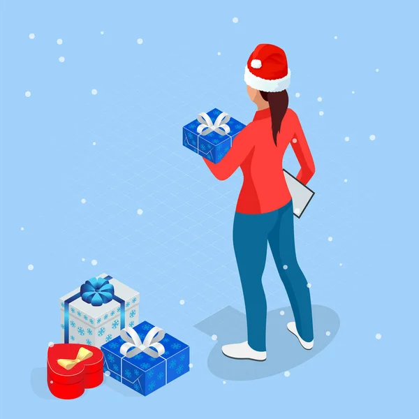 Isométrico compras de Navidad en línea. Entrega mujer en sombrero de Santa Claus con regalo de Navidad. Repartidor con cajas. Envío expreso de Navidad . — Archivo Imágenes Vectoriales
