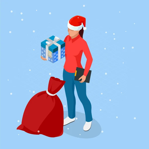 Isométrico compras de Navidad en línea. Entrega mujer en sombrero de Santa Claus con regalo de Navidad. Repartidor con cajas. Envío expreso de Navidad . — Archivo Imágenes Vectoriales