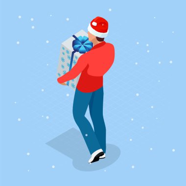 Isometric İnternetten Noel alışverişi. Noel Baba şapkalı teslimatçı. Kutuları getiren teslimatçı. Ekspres Noel Nakliyesi.