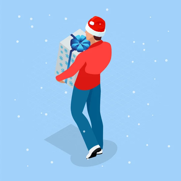 Isometric Online Christmas Shopping. Delivery man in Santa Claus hat with Christmas present. Delivery man with boxes. Express Christmas shipping. — Stock Vector