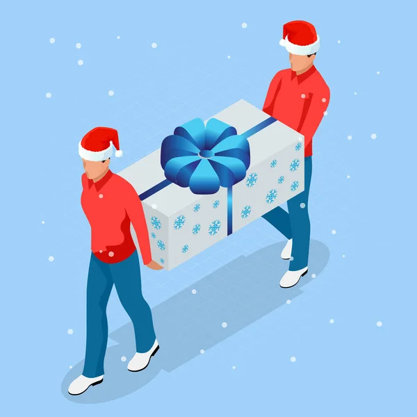 Isometric Online Christmas Shopping (англійською). Людина-рятівник у капелюсі Санта-Клауса з різдвяним подарунком. Визволитель з коробками. Відправляйте різдвяні перевезення. — стоковий вектор