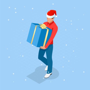 Isometric İnternetten Noel alışverişi. Noel Baba şapkalı teslimatçı. Kutuları getiren teslimatçı. Ekspres Noel Nakliyesi.