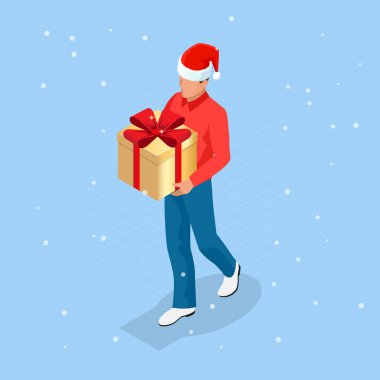 Isometric İnternetten Noel alışverişi. Noel Baba şapkalı teslimatçı. Kutuları getiren teslimatçı. Ekspres Noel Nakliyesi.