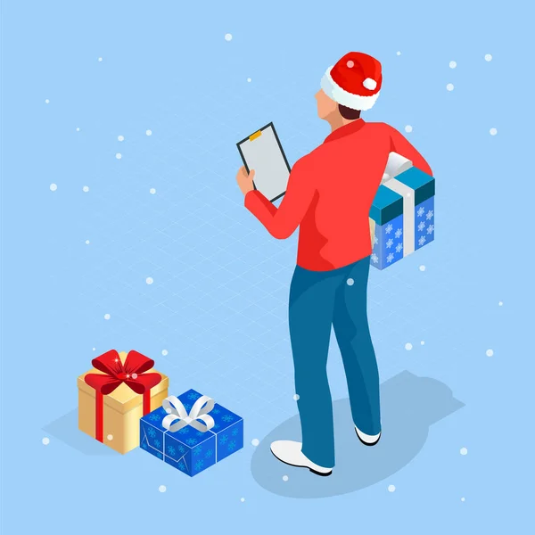 Izometrikus Online karácsonyi vásárlás. A Mikulás sapkás futár karácsonyi ajándékkal. Szállítmányozó dobozokkal. Expressz karácsonyi szállítás. — Stock Vector