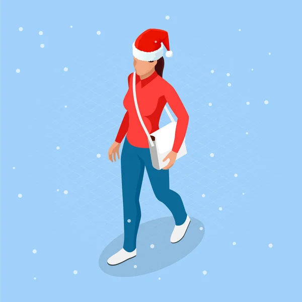 Isometric achats de Noël en ligne. Livraison femme en chapeau de Père Noël avec cadeau de Noël. Livreur avec boîtes. Expédition de Noël express . — Image vectorielle