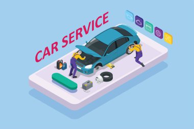 İzometrik araba bakım onarım merkezi garajı ve araba servisi konsepti. Teknisyenler araç parçalarını, tekerlekleri değiştiriyor.
