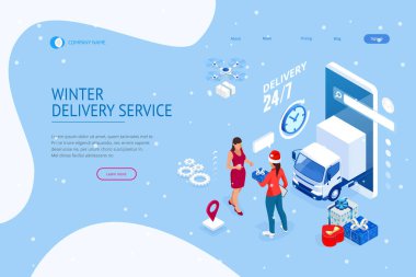 Isometric Christmas online alışveriş ve kış indirimi web pankartı konsepti. Kışın hediye kutusuyla gelen teslimatçı kız. Mutlu Noeller ve mutlu tatiller.