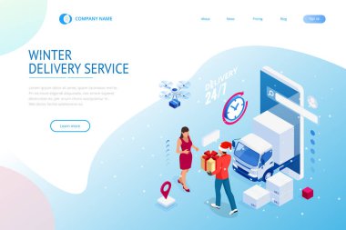 Isometric Christmas online alışveriş ve kış indirimi web pankartı konsepti. Kış hediye kutusuyla teslimatçı. Mutlu Noeller ve mutlu tatiller.