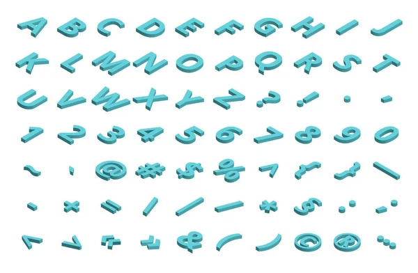 Arka planda izole edilmiş bir yazı tipi alfabesi var. Isometric ABC 'de. Harfler, sayılar ve semboller. Başlıklar, posterler vs. için üç boyutlu hisse senedi tipografisi — Stok Vektör