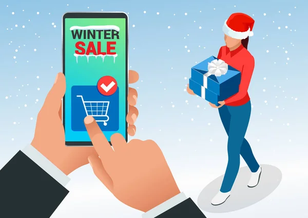 Isometrische kerst online winkelen en winter verkoop webbanner concept. Bezorging meisje met winter geschenkdoos. Vrolijk kerstfeest en fijne feestdagen. — Stockvector