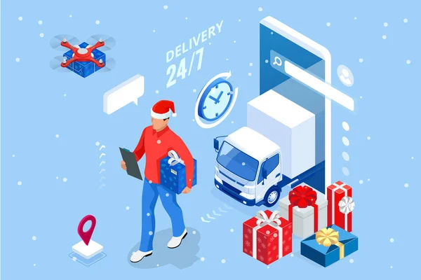 Isométrico Navidad compras en línea y la venta de invierno concepto de banner web. Entrega hombre con caja de regalo de invierno. Feliz Navidad y Felices Fiestas . — Vector de stock