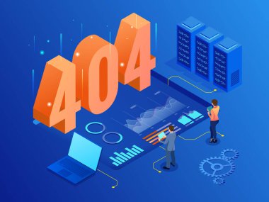 Isometric hata 404 sayfa tasarımı. Talep ettiğiniz sayfa bulunamadı. Web sitesi 404, yaratıcı kavram sayfası. İnşaat sayfası altındaki web sitesi.