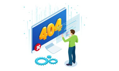 Isometric hata 404 sayfa tasarımı. Talep ettiğiniz sayfa bulunamadı. Web sitesi 404, yaratıcı kavram sayfası. İnşaat sayfası altındaki web sitesi.