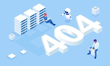 Isometric hata 404 sayfa tasarımı. Talep ettiğiniz sayfa bulunamadı. Web sitesi 404, yaratıcı kavram sayfası. İnşaat sayfası altındaki web sitesi.
