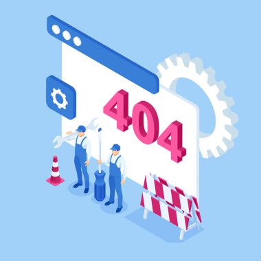 Isometric hata 404 sayfa tasarımı. Talep ettiğiniz sayfa bulunamadı. Web sitesi 404, yaratıcı kavram sayfası. İnşaat sayfası altındaki web sitesi.