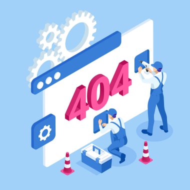 Isometric hata 404 sayfa tasarımı. Talep ettiğiniz sayfa bulunamadı. Web sitesi 404, yaratıcı kavram sayfası. İnşaat sayfası altındaki web sitesi.