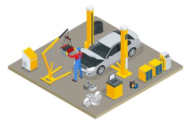 Isometric Araç Bakım Araçları Teşhis ve Onarım Servisi. Araba servisi Araç Motoru.