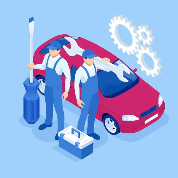 Servicio de Diagnóstico y Reparación de Vehículos de Mantenimiento de Vehículos Isométricos. Servicio de coches Motor de coche . — Vector de stock