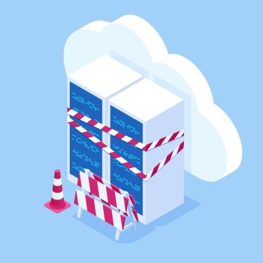 Isometric sunucusu tamir altında. Sunucu ekipmanları ve sarı uyarı bandıyla büyük veri karanlık sunucu odası.