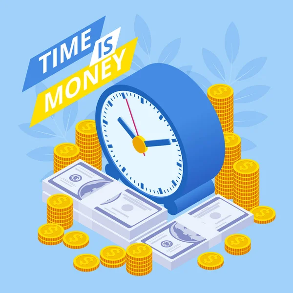 Time is money isometric concept. Business financial ideas, alarm clock and stack of coin. Time management planning, Deadline. — Stock Vector