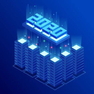 Isometric modern web ağı ve internet telekomünikasyon teknolojisi. Modern veri merkezi, sunucu odası, bulut veri depolama servisi, veri işleme
