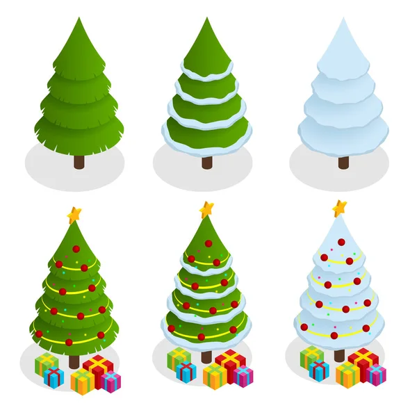 Isométrico conjunto de árboles de Navidad. Árbol de Navidad decorado con cajas de regalo, estrella, luces, bolas de decoración y lámparas. Ilustración plana aislada . — Archivo Imágenes Vectoriales