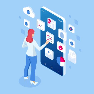 İzometrik kişisel veri bilgi App, kimlik özel kavram. Dijital veri güvenli afiş. Biyometrik teknoloji vektör çizim kişisel kimlik tanıma ve erişim kimlik doğrulaması için.