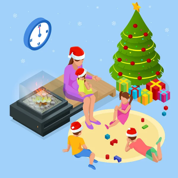 Isometric Joyeux Noël Joyeux concept de famille. Joyeux Noël et Joyeuses Fêtes — Image vectorielle