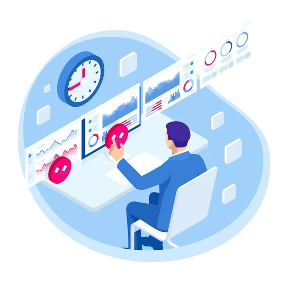 Isométrico Gestión de procesos de análisis de datos empresariales o panel de inteligencia en pantalla virtual que muestra gráficos estadísticos de datos de ventas y operaciones y conceptos clave de indicadores de rendimiento . — Vector de stock