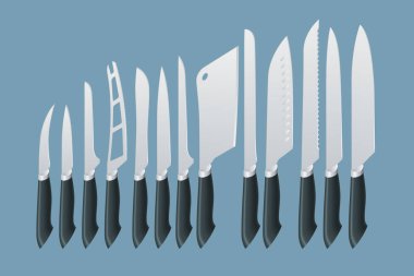 Itric Knives et bıçağı seti. Satır, fileto, Fransız, kemik, oyma. Mutfak bıçağı ya da satır ve keskin bıçak çizimi arka planda izole edilmiş..