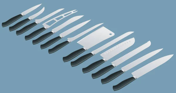 Isometric Knives rzeźnik zestaw noży do mięsa. Łupież, filetowanie, francuski, odkostnianie, rzeźbienie. Drawknife kuchenny lub tasak i ostry nóż ilustracja izolowane na tle. — Wektor stockowy