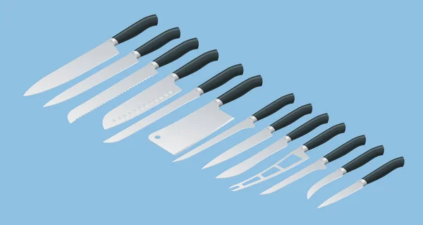 Isometrische Messer Fleischermesser Set vorhanden. Kleber, Filetieren, Französisch, Entbeinung, Schnitzen. Küchenmesser oder Spaltmesser und scharfe Messerspitze Illustration isoliert auf dem Hintergrund. — Stockvektor