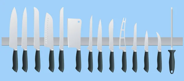 Knivar slaktare kött kniv set. Klöver, filé, franska, urbening, snidning. Kökskniv eller köttyxa och vass kniv illustration isolerad på bakgrunden. — Stock vektor