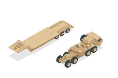 Isometric dizel motor motorlu askeri kamyon traktör ve tank beyaza izole edildi.