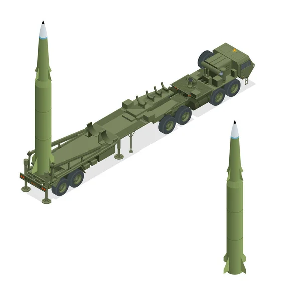 Изометрический армейский трактор с ракетой. Баллистическая ракета средней дальности. Обычное высоковзрывоопасное унитарное оружие, проникновение, суббоеприпасы, зажигательное, термобарическое, стратегическое ядерное оружие — стоковый вектор