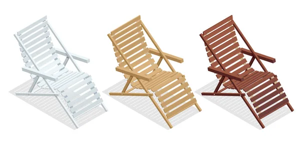 Chaises longues en bois isométriques, chaise longue isolée sur fond blanc. Ensemble de chaises inclinables en bois — Image vectorielle