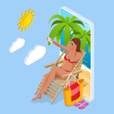 Yaz tabelası. Yaz lüks tatili. Mayolu Itric güzel bir kız plaj sandalyesinde oturur ve arka planda selfie çeker.