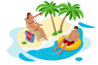 Yaz tabelası. Yaz lüks tatili. Mayolu Itric güzel bir kız plaj sandalyesinde oturur ve arka planda selfie çeker.