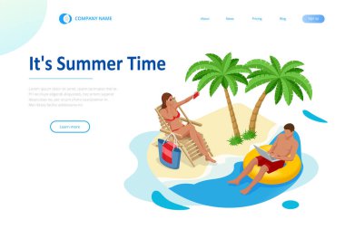 Yaz tabelası. Yaz lüks tatili. Mayolu Itric güzel bir kız plaj sandalyesinde oturur ve arka planda selfie çeker.