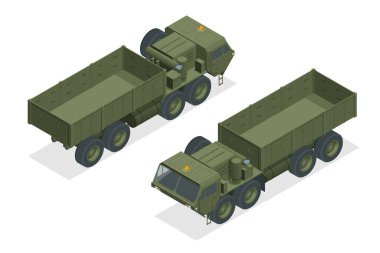 Isometric dizel motor motorlu askeri kamyon traktör ve tank beyaza izole edildi.
