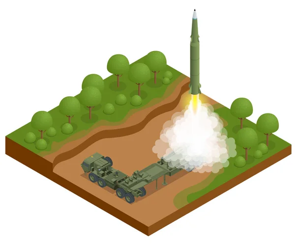 Tracteur de l'armée ionique avec une fusée. Missile balistique à moyenne portée. Arme nucléaire conventionnelle hautement explosive-unitaire, à pénétration, sous-munitions, incendiaire, thermobare, stratégique — Image vectorielle