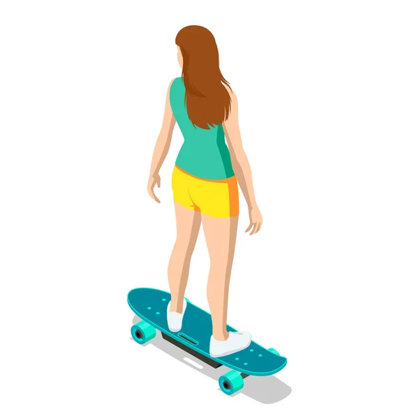 Ισομετρική skateboard ή longboard απομονώνονται σε λευκό. Κορίτσι που κάνει σκέιτμπορντ. Αθλητική γυναίκα που καβαλάει το σκέιτμπορντ στο δρόμο. Επιβίβαση. — Διανυσματικό Αρχείο