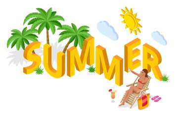 Yaz tabelası. Yaz lüks tatili. Mayolu Itric güzel bir kız plaj sandalyesinde oturur ve arka planda selfie çeker.