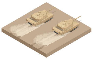 Isometric Amerikan ana savaş tankı M1A2 simgeleri beyaz yüksek kalite vektör çizimine izole edilmiştir. Ağır, rezervasyon ve özel ulaşım. Savaş için malzeme..
